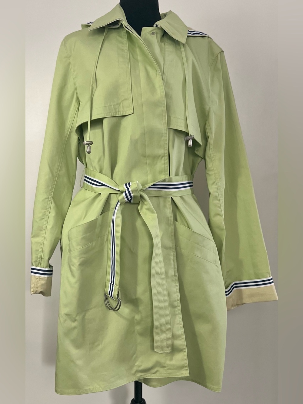 Dennis Basso Hooded Green Belted Trench Coat Navy Acent SZ Large All Seasons